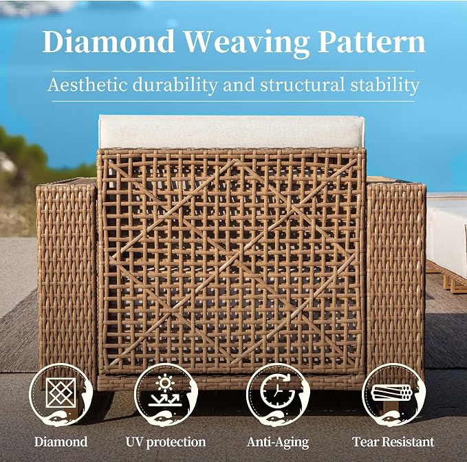 SUNSHINE VALLEY Patio Furniture Set with Fire Pit, Sectional Outdoor Conversation Sets with 10" Thick Cushions, 7 Pieces L Shaped Modular Yellow Rattan Wicker Sofa, Low Profile Lawn Garden Couch Set