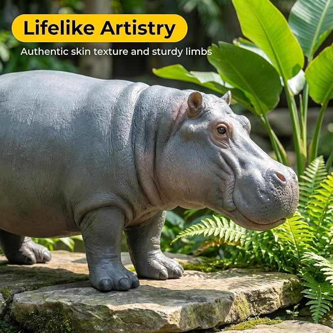 27.5" Lifelike Hippopotamus Garden Statue, Grey | Heavy-Duty Resin, Safari Yard Sculpture, Realistic Animal Figurine, For Outdoor Patio, Lawn & Poolside