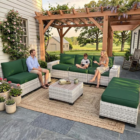 8-Piece Outdoor Patio Furniture Set Wicker Sectional Sofa Set with Ottomans, Patio Conversation Set with Thickened Cushions & Coffee Table for Garden, Backyard, Poolside, Green