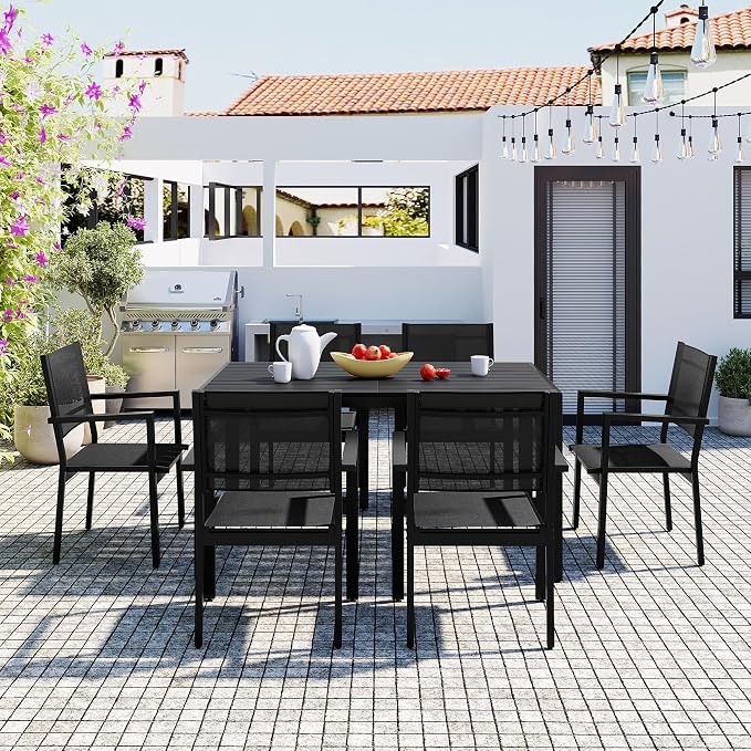 RuiSiSi 7 Pieces Outdoor Dining Table Set for 6, Steel Patio Dining Table and 6 Textilene Chairs for Yard, Garden, Porch and Poolside (Black)