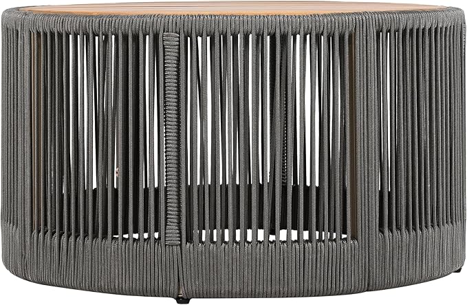 26" Outdoor Rustic Coffee Table,Rattan Rope & Acacia Wood Center Table with Round Top & Iron Frame, Easy Assembly, Versatile Weather-Resistant Patio Furniture for Garden, Yard, Balcony, Gray Teak