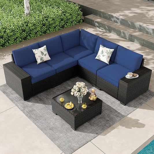 6 Pieces Patio Furniture Set, Outdoor Couch Sofa with Wider Armrests & Glass Coffee Table, Outdoor Sectional Furniture with Thick Cushions for Party, Poolside,Garden-Navy