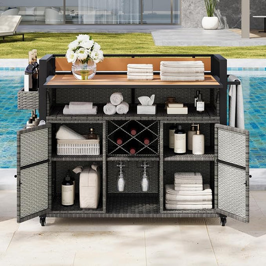 52.8" W Wicker Outdoor Grill Cart with Extended Plastic Wood Table Top, Rolling Kitchen Island on Wheels, Ample Storage, and Double Handle Design – Perfect for Patio, Backyard, and Poolside