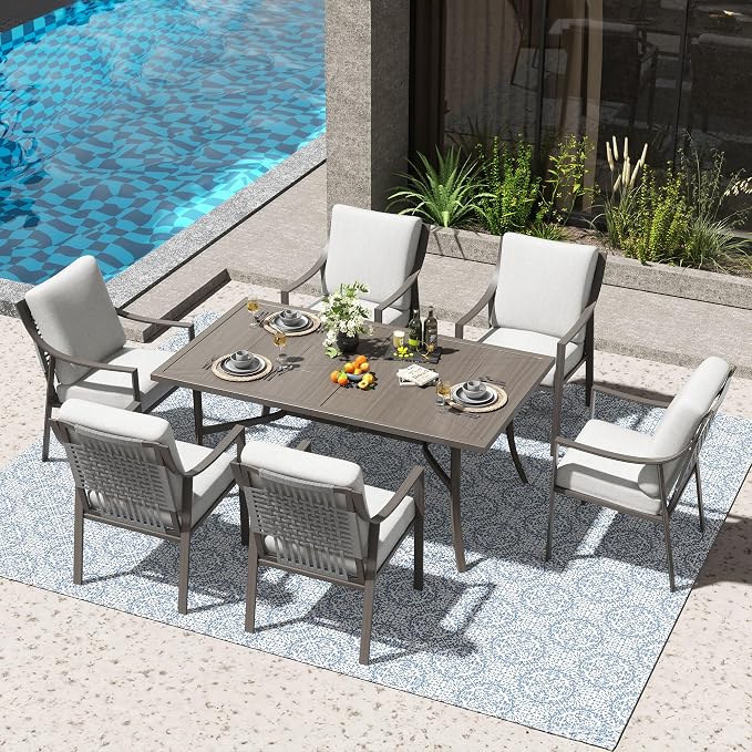 NATURAL EXPRESSIONS 7 Piece Patio Dining Table Outdoor Furniture Set for 6, 6Pcs Fixed Dining Chairs with Olefin Cushions, 65”Large Dining Table with Umbrella Hole