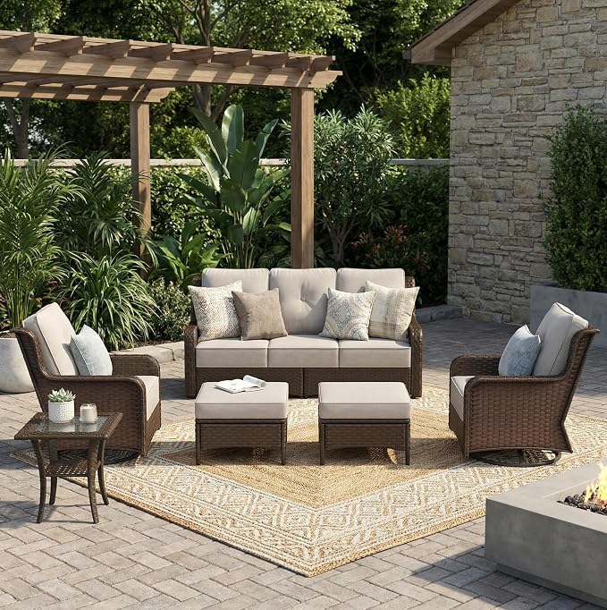 Sundale Outdoor 6 Piece Wicker Patio Furniture Set, High Back Outdoor Couch with Swivel Chairs & Ottoman, 6" Thick Cushion Patio Conversation Sets with Deep Seating for Yard, Deck (Grey)
