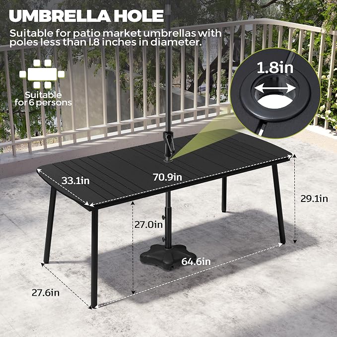Crestlive Products Outdoor Dining Table for 6, 70In Aluminum Patio Table with Umbrella Hole Weather Resistant Rectangle OutsideTables for Garden Lawn, Black