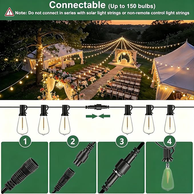 100FT Remote Outdoor String Lights for Outside, 50+2 LED Waterproof Shatterproof Edison Dimmable Timer Bulbs, 2500K Warm White Patio Lights for Garden Backyard Yard Hanging Lighting