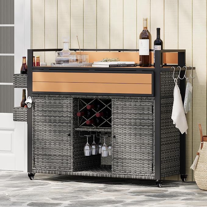 Merax Outdoor Bar Table & Storage Cabinet, Wheels and Drop Leaf Table Top, Patio Bar Table with Raised Shelf for Patio Kitchen or Bar Cart, Grey