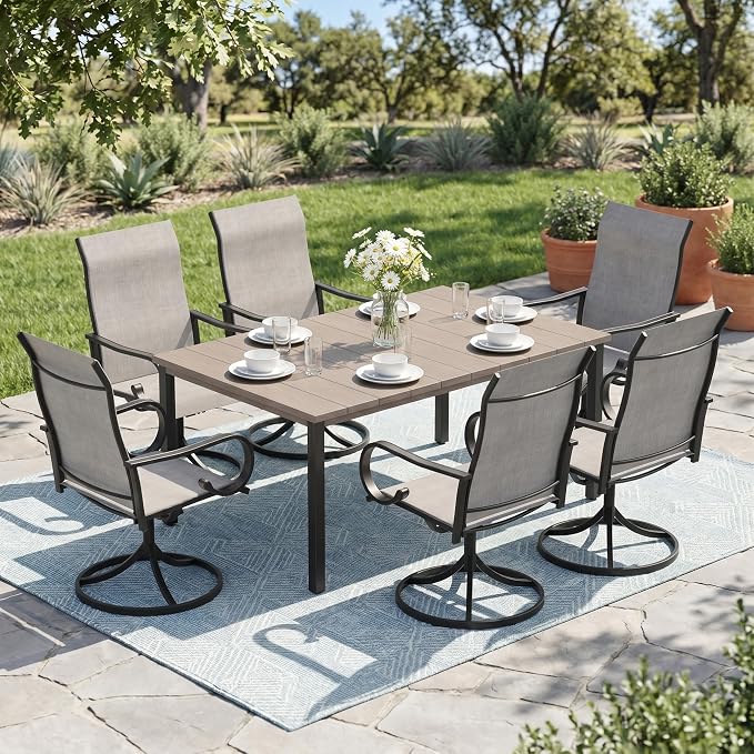 7 Pieces Patio Dining Set, 6 Outdoor Swivel Dining Chairs with 63" Rectangle Metal Outdoor Dining Table with Umbrella Hole for Garden Backyard Deck, Grey