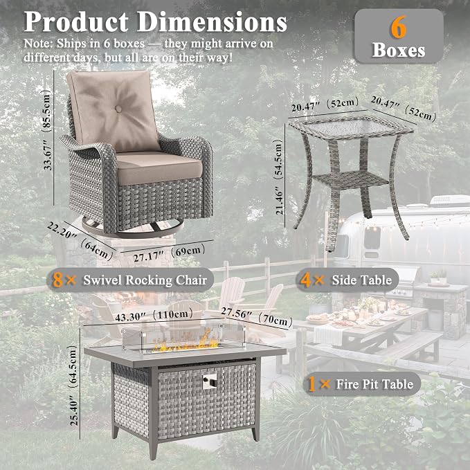 13 Piece Wicker Patio Furniture Set with 55,000 BTU Fire Pit Table, Swivel Rocking Chairs, 4''Cushions, PE Rattan, Wind Guard Glass, for Backyard, Deck or Balcony, Beige