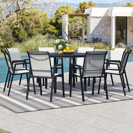 9-Piece Outdoor Dining Set for 8 – 60" Black Round Outdoor Table with Umbrella Hole & 8 White Outdoor Stackable Dining Chairs, All-Weather Patio Furniture