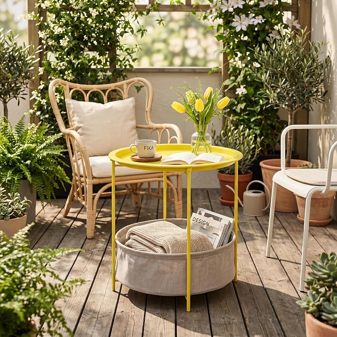 VECELO Round Side/End Table with Fabric Storage Basket，Metal Anti-Rust and Waterproof Small Bedside Nightstand with Removable Tray Top for Living Room，Balcony & Laundry，Yellow /2pcs with Basket