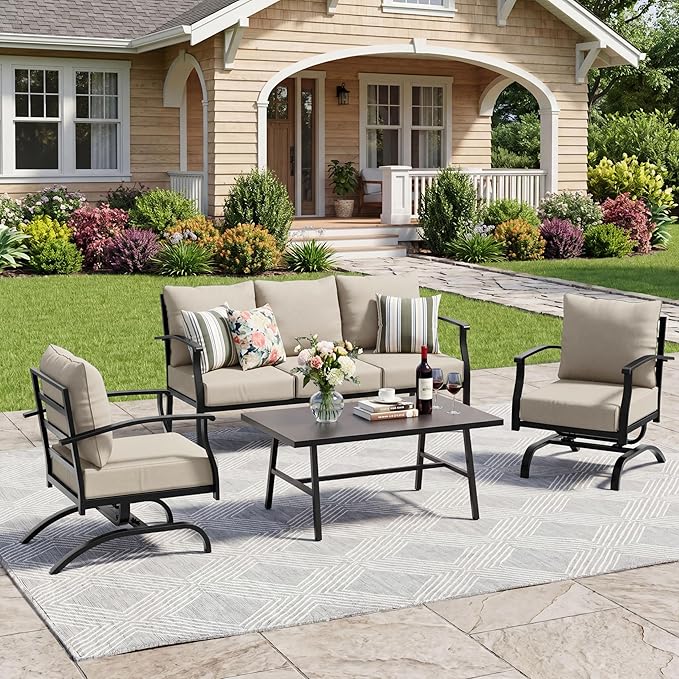 4 Piece Patio Furniture Set, Metal Outdoor Patio Furniture Set, All Weather Modern Couch Sofa with Comfortable Cushions & Coffee Table, Metal Conversation Set for Balcony, Porch, Deck (Khaki)