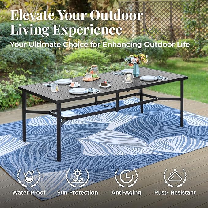MIXPATIO Outdoor Patio Dining Table for 8, 83" x 39" Rectangular Metal Patio Dining Table with 1.7" Umbrella Hole, All Weather Wrought Iron Black Outdoor Table for Garden, Backyard and Porch