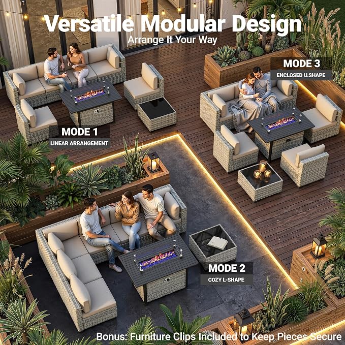 8-Piece Modern Patio Conversation Set with 55,000 BTU Fire Pit Table, Thick Cushions, Dual-Strand Wicker Rattan, Rust-Resistant Frame, Khaki