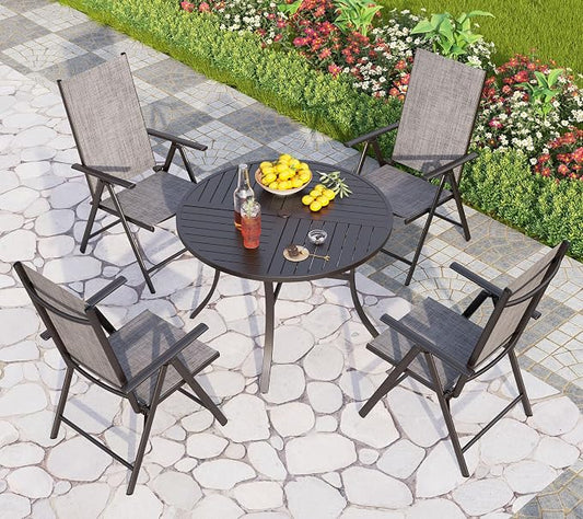PHI VILLA Round Outdoor Dining Set for 4 with Folding Chairs, Grey | Light-weight & space-saving, Breathable & quick-drying, Metal Table, Umbrella Hole, Weather-Resistant, Adjustable, Patio deck