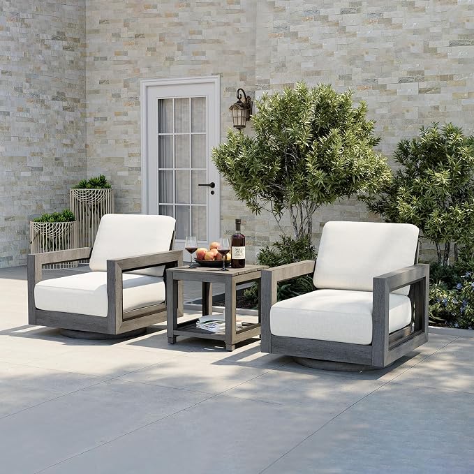 HAPPATIO Extra Large Size Patio Bistro Set, Aluminum Modern Patio Furniture Set Outdoor 3 Pieces with Side Table, 360 Degree Swivel Patio Conversation Set with 7" Thick Cushion for Outdoor, Grey