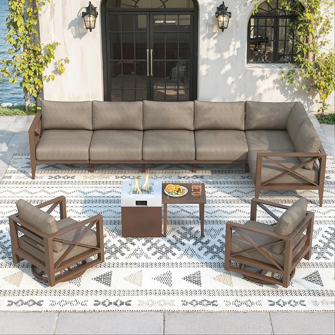 Aluminum Outdoor Patio Furniture Set with Fire Pit, 10-Piece Outdoor Sectional with 5.2" Thick Cushions, Patio Conversation Sets for Backyard,(Brown,8 Seats)