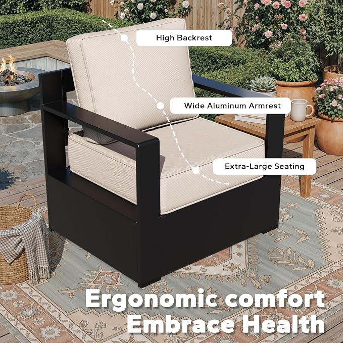 Outdoor Aluminum Furniture Set, 6-Piece Patio Conversation Set, 4 Chairs 1 Sofa and 1 Fireplace, All-Weather Metal Frame, 6" Thick Removable Cushions, Deep Setting for Garden, Poolside and Porch