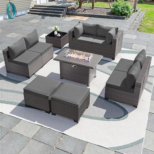 10 Pieces Outdoor Patio Furniture Set,Outdoor Sectional Furniture with 43" 55000 BTU Gas Propane Fire Pit Table,All Weather PE Rattan Wicker Patio Conversation Set with 2 Ottomans,Grey