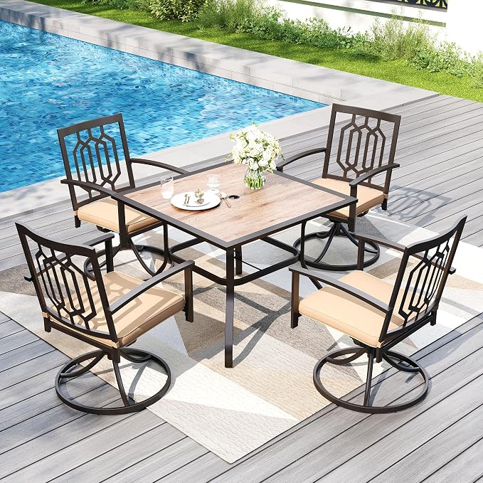 PHI VILLA Patio Dining Set, Swivel Chairs, Square Steel Table | Metal chairs, Hexagon Back Swivel Chair, 1.57" umbrella hole, 360° swivel, cushioned, E-coated
