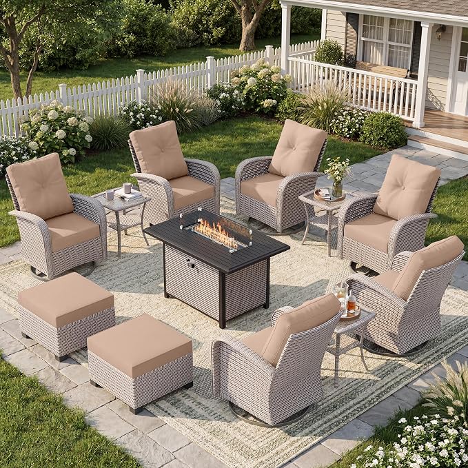 12-Piece Patio Furniture Set, Outdoor Swivel Rocking Chairs Set with 55,000 BTU Fire Pit Table,All Weather Conversation Set for Porch Poolside Balcony