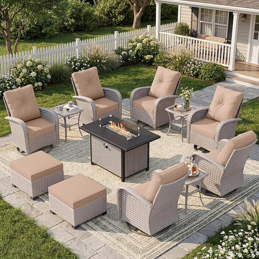 12-Piece Patio Furniture Set, Outdoor Swivel Rocking Chairs Set with 55,000 BTU Fire Pit Table,All Weather Conversation Set for Porch Poolside Balcony