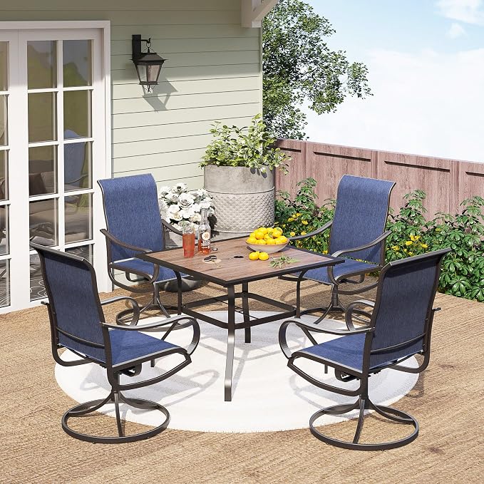 PHI VILLA 5 Pcs Patio Dining Set for 4, Swivel Mesh Chairs, Blue | 4 textilene dining chairs. 37" PVC square table top w/ umbrella hole, all weather E-coated metal frame for outdoor deck lawn