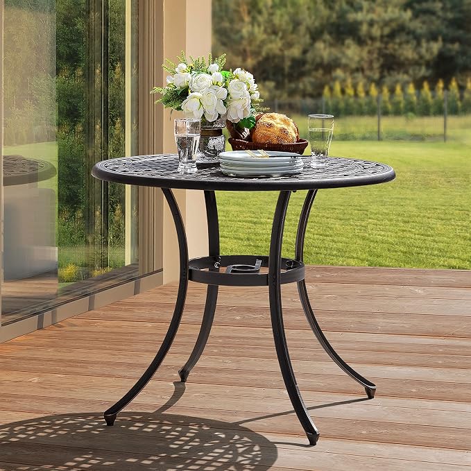 NUU GARDEN 35" Round Patio Bistro Table, Cast Aluminum Round Outdoor Bistro Table with Umbrella Hole for Poolside, Deck, Porch, Backyard, Balcony, Black with Antique Bronze Edge
