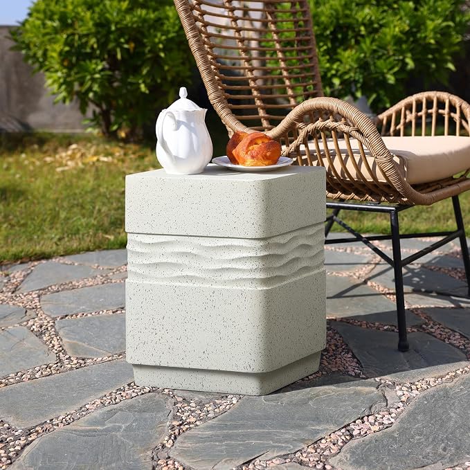 LuxenHome Outdoor Side Table for Patio, Off White with Speckled Gray Square Cement Side Table, 18 Inch End Table for Garden, Outdoor Coffee Table, Garden Stool, Accent Table for Indoor and Outdoor