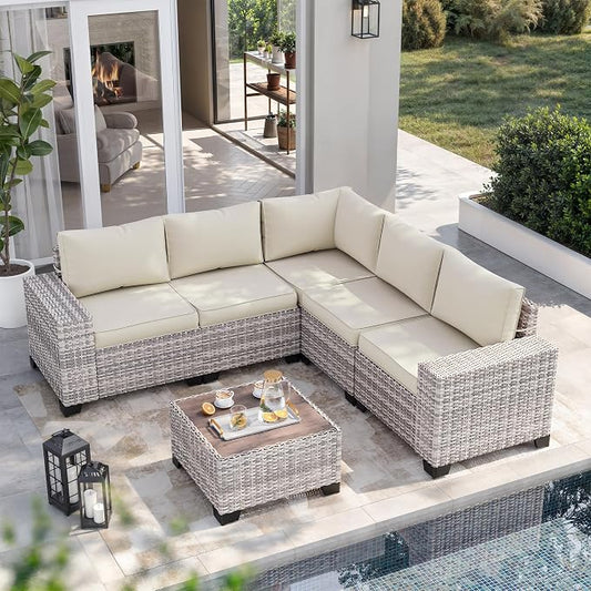 6-Piece Outdoor Patio Furniture Set Wicker Sectional Sofa Set, Patio Conversation Set with Thickened Cushions & Chunky Arms Coffee Table for Garden, Backyard, Poolside, White
