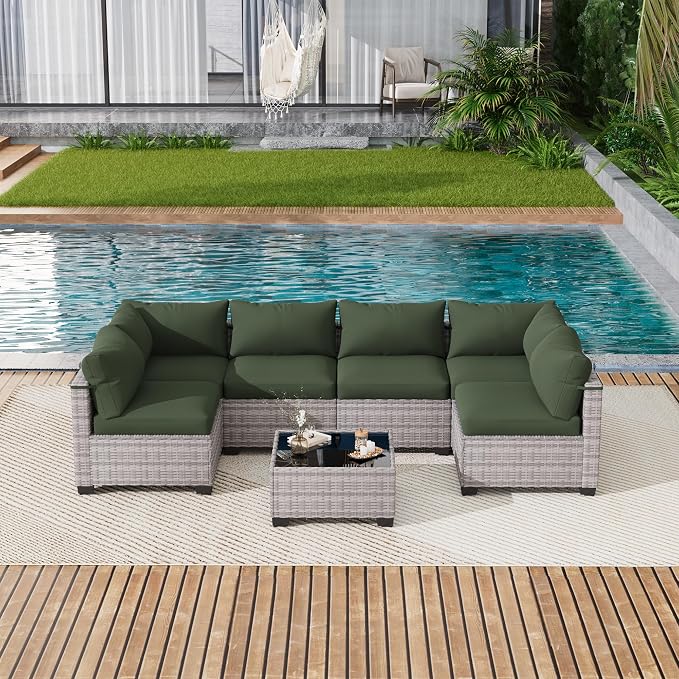 LOUVIXA 7 Piece Outdoor Patio Furniture Set, Outdoor Sectional Sofa, Wicker Rattan Patio Furniture, Patio Conversation Set with Coffee Table & Cushions