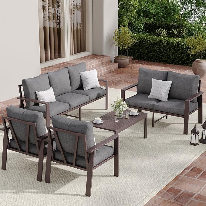 Aluminum Patio Furniture Set 5 Pieces Modern Patio Conversation Sets for Porch, Deck, Garden, 7-Seat Outdoor Furniture Metal Sofa Set with 4" Water-Resistant Cushion & Coffee Table,Gray