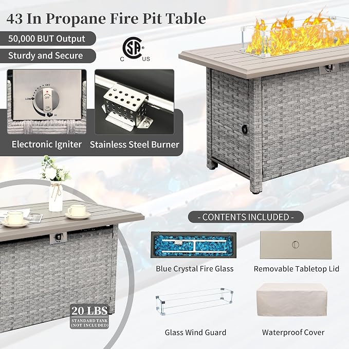 WAROOM Patio Furniture Set 5 Piece Outdoor Furniture with Fire Pit Table, Grey Wicker Sectional Sofa Couch Sets Backyard Deep Seating PE Rattan Chairs with Grey Cushion