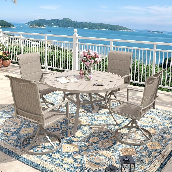 Outdoor Dining Set for 4, 40.7" Outdoor Dining Table with Umbrella Hole and Padded Textilene Patio Swivel Chairs, 5 Pieces Patio Table and Chairs Set for Garden Backyard, Sandshell
