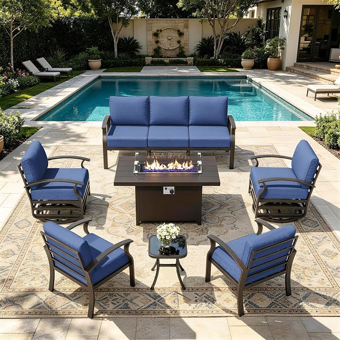 Kurapika Aluminum Patio Furniture Set 7-Seat Modern Metal Outdoor Conversation Sets w/45in Propane Fire Pit Table, Swivel Rocking Chairs Patio Sectional Sofa w/5.1 Inch Cushion, Navy Blue