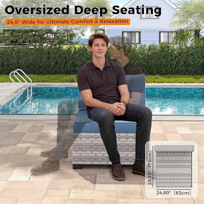 8-Seat Outdoor Wicker Patio Furniture Set with Fire Pit Table, Modular Rattan Sectional Sofa & 2 Swivel Rocking Chairs, 4" Thick Cushions, Rust-Resistant Frame,Navy