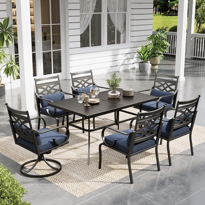 Sophia & William Patio Dining Set, Steel, Blue | Umbrella Hole, Swivel Chairs, E-Coated, Cushions Included, For Patio, Garden and Yard