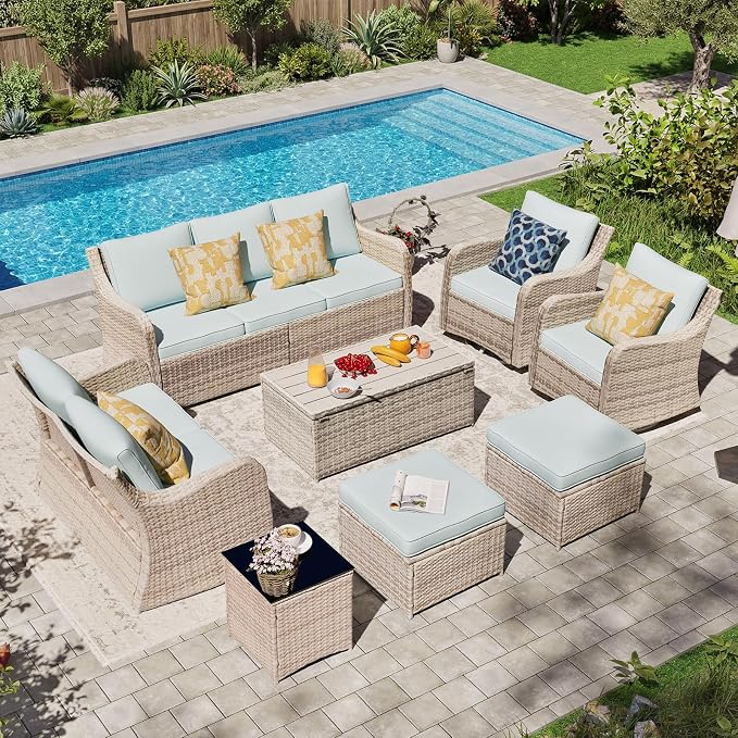 MEISSALIVVE Patio Furniture Set with Swivel Rocking Chairs, 8 Pieces Patio Conversation Set, Outdoor Wicker Sofa Couch with Waterproof Cushions for Lawn Backyard Porch (Blue)