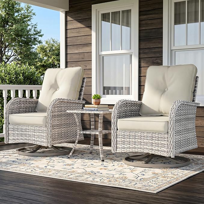 3-Piece Small Patio Furniture Set, Outdoor Swivel Rocking Chairs Set with Wicker Chairs and Tempered Glass Side Table, Outdoor Furniture Patio Bistro Set for Balcony, Deck, Porch
