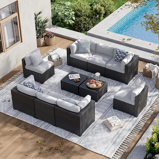 Aoxun 10 Piece Patio Furniture Set Wicker Rattan Patio Sectional Sofa Set Outdoor Seating Furniture with Thickened Cushion, Light Gray