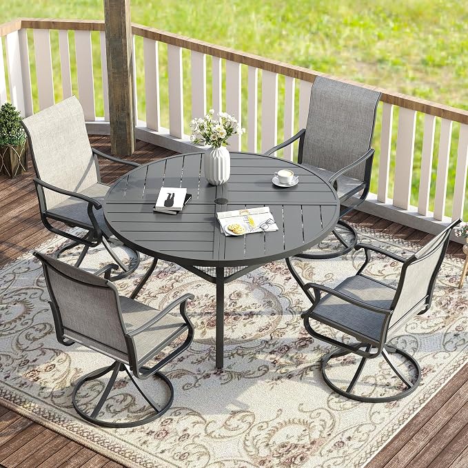 VICLLAX Round Patio Table with Adjustable Umbrella Hole for 4, All Weather Metal Outdoor Dining Table for Lawn Garden, 40.6" Outdoor Coffee Table, Grey Tabletop