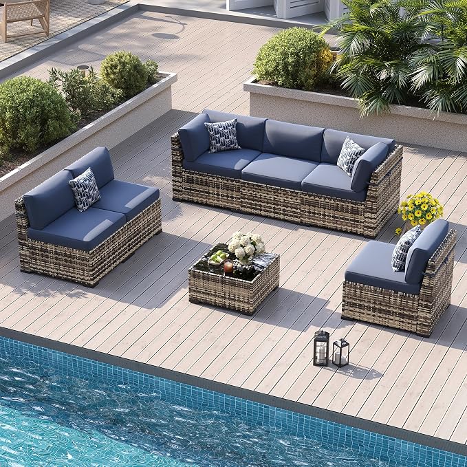 Patio Furniture Sets, 7-Piece Outdoor Patio Furniture with Thick Cushions,Coffee Table Outdoor All-Weather Conversation Set Sectional Sofa for Backyard, Poolside, Garden(Navy Blue)