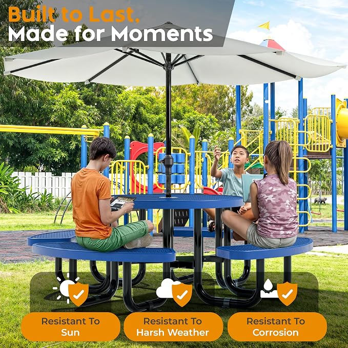 Round Metal Picnic Tables for Kids for Outdoors with Umbrella Hole, Adjustable Seats for School, Park, Playground(Blue, 38 in, Kids, Expanded Steel)