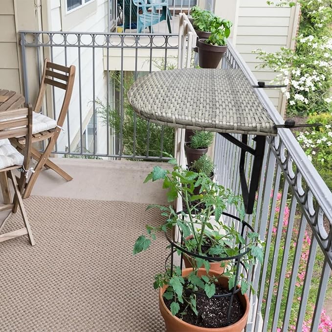 White Indoor and Outdoor Foldable Wicker Balcony Table with Metal Frame and Adjustable Clamps