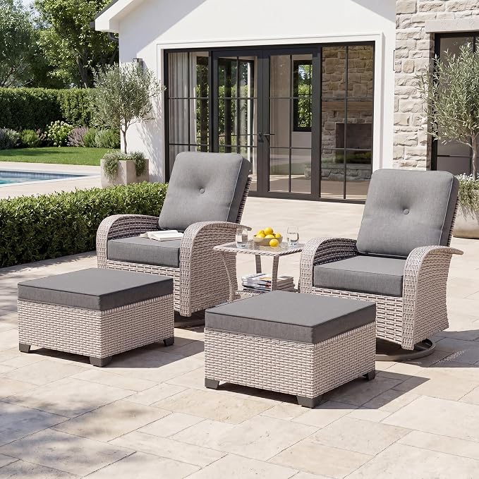 5-Piece Patio Furniture Set, Outdoor Swivel Rocking Chairs Set with Ottomans,All Weather Conversation Set for Porch Poolside Balcony,Gray
