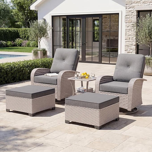 5-Piece Patio Furniture Set, Outdoor Swivel Rocking Chairs Set with Ottomans,All Weather Conversation Set for Porch Poolside Balcony,Gray