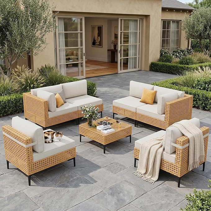 Patio Furniture Set 7 Piece Large Modular Outdoor Sectional Free Combination Outdoor Furniture with Thick Cushion All Weather Wicker Boho Patio Conversation Sets for Porch, Deck