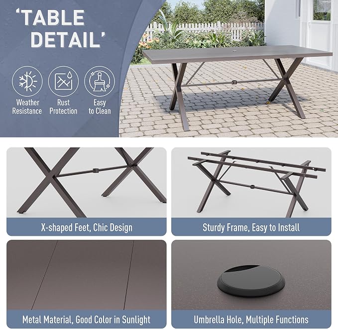 Kurapika 9 Pieces Patio Dining Set Outdoor Furniture with 8 Fixed Chairs, Metal Patio Furniture Set 8 Chairs and Large Table with Umbrella Cutout for Yard Porch, Sand