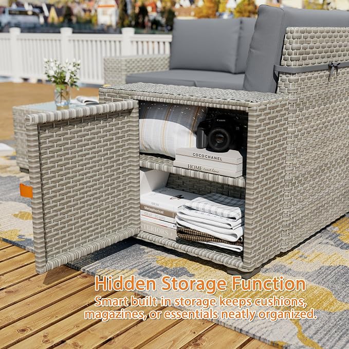 7 Piece Patio Furniture Set, 8" Wide Arm Sectional Sofa Set with 50000 BTU Propane Fire Pit Table & Coffee Table, Rattan Outdoor Conversation Set for Garden, Porch, Lawn, Gray